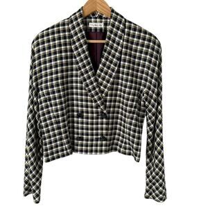 Talbots Vintage 90s Plaid Double Breasted Cropped Clueless Blazer Black Yellow 6